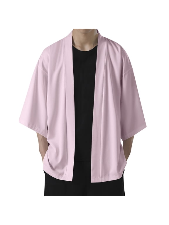 Men's Kimono Jacket Ice Silk 3/4 Sleeve Open Front Cardigan Yukata Robe Coat Solid Color for Casual Pink XXXXL