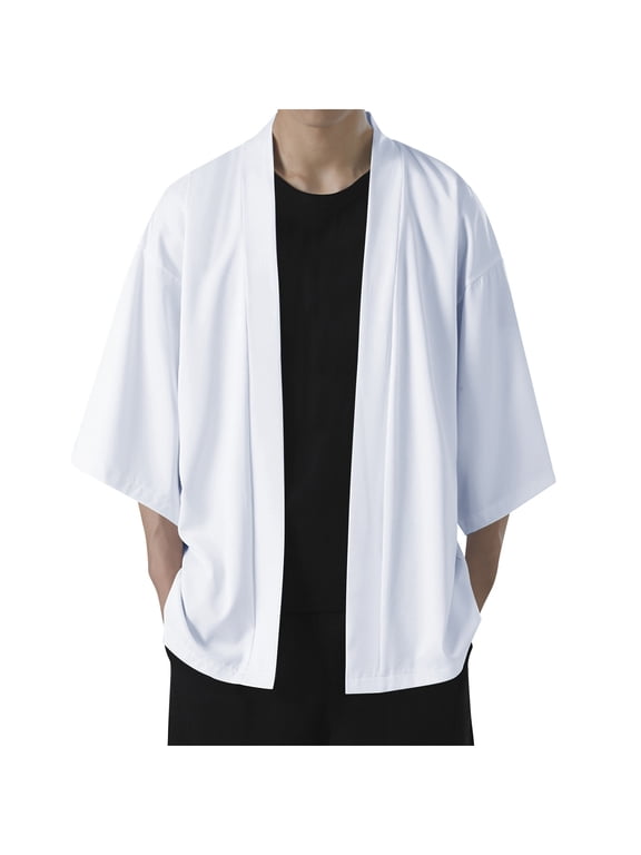Men's Kimono Jacket Ice Silk 3/4 Sleeve Open Front Cardigan Yukata Robe Coat Solid Color for Casual White XXXL