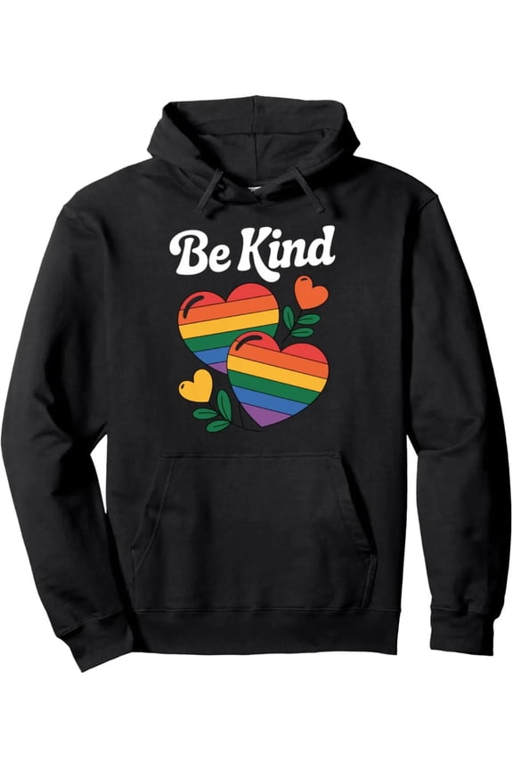 Men's Be Kind + Pride Hoodie with Rainbow Heart & Inclusive Slogan, 60% 40% Polyester Blend, Adjustable Hood & Front Pocket, Unisex-Friendly Pullover Sweatshirt for Rights, Casual Winter Wear & Pride
