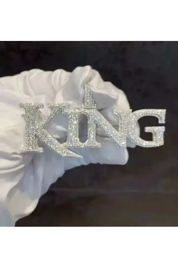 Men's King Letter Pendant 3 Ct Round Cut White Moissanite 14K White Gold-Plated