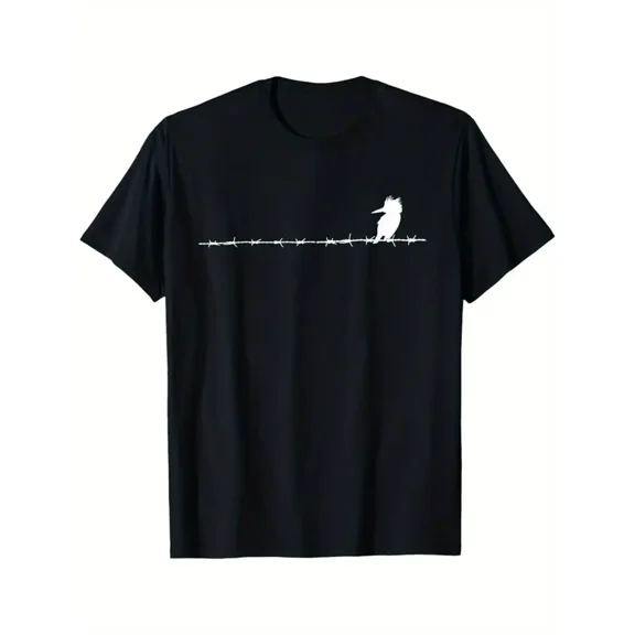 Men's Kingfisher Bird on Wire T-Shirt - Black with White Graphic Tee - Lightweight Breathable Cotton Shirt