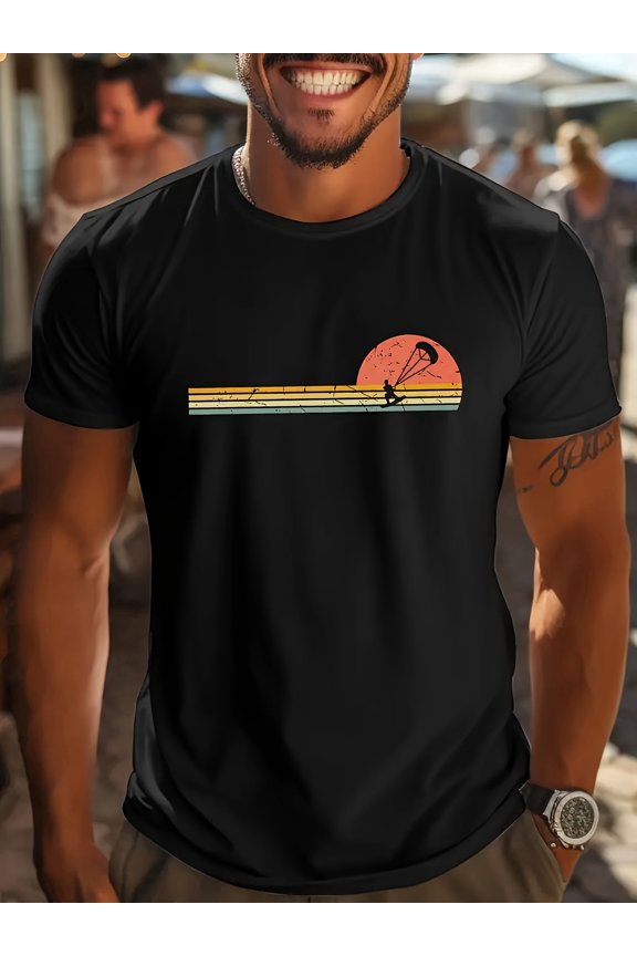 Men's Kite Surfing T-Shirt with Kite & Wave Print - Breathable Stretch Fabric Suitable for Surfing, Kiteboarding, Windsurfing - Outdoor Water Sports Apparel, Beachwear, Adventure Clothing