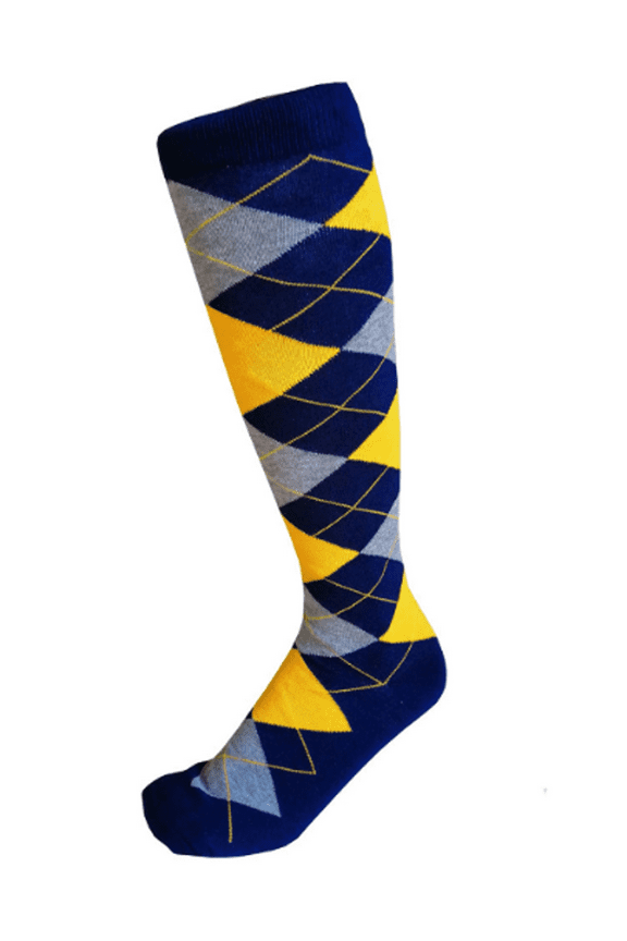 Men's Knee High Argyle/Plaid/Scottish Tartan Golf Sports Wedding Groomsman Party Events Christmas Father's Day Giftable Teamwork Casual Dress Socks In Navy with Gold Yellow and Heather Gray Color