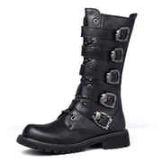 Men's Knee High Buckle Strap Fashion Boots, Adult Male Round Toe Gothic Footwear with Side Zipper and Lug Outsole for Themed Events and Stylish Street Outfits