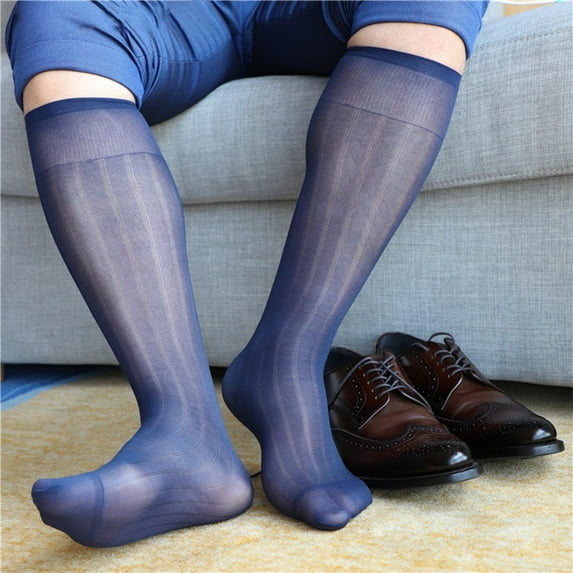 Men\'s Knee High Long Striped Dress Silk Sheer Socks Transparent Stockings