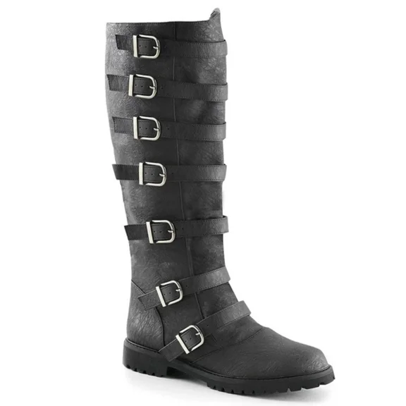 Men's Knee High Motorcycle Boots, Multi Buckle Strap Rider Biker Tall Boots, Flat Heel Vintage Gothic Fashion Boots, Extended Plus Sizes Available