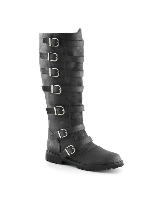 Men's Knee High Motorcycle Boots, Multi Buckle Strap Rider Biker Tall Boots, Flat Heel Vintage Gothic Fashion Boots, Extended Plus Sizes Available
