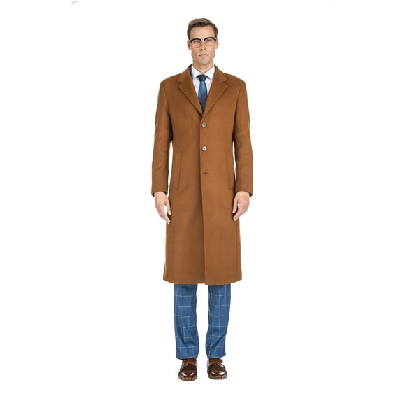 Men's Knee Length Wool Blend Three Button Long Jacket Overcoat Top Coat