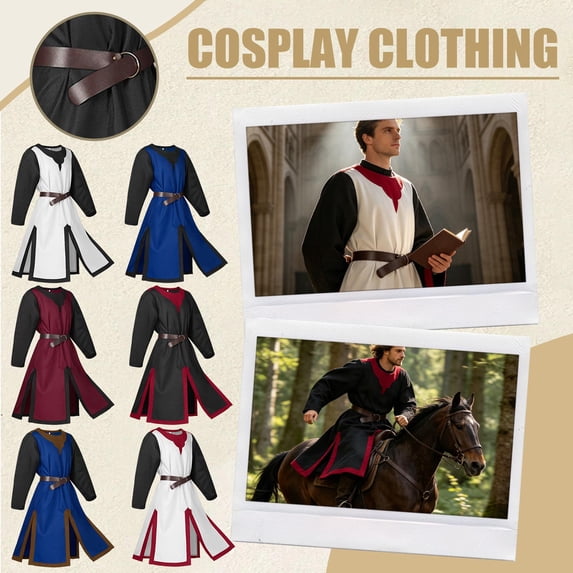 Mens Medieval Costume Renaissance Templar Tunic Viking Knight Pirate Vintage Warrior Halloween LARP Tops, Blue M, 1Pc