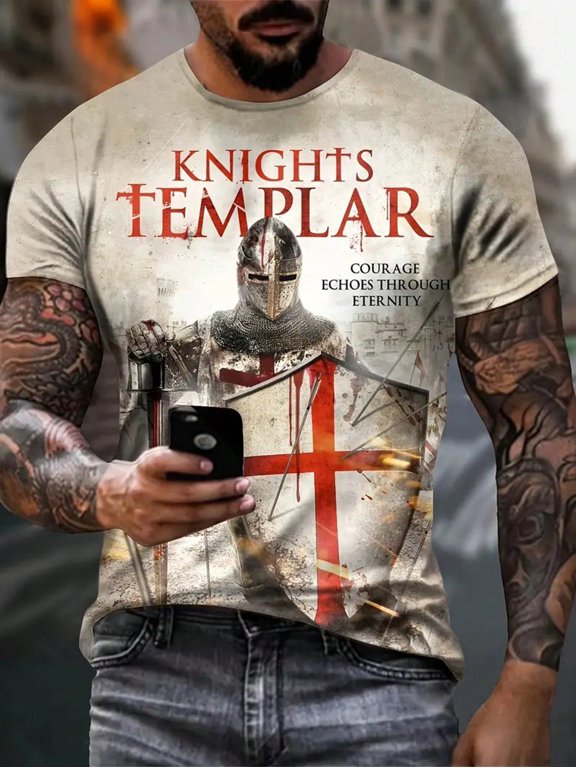Men's Knight Figure With Sword And Shield Pattern And Alphabet Print Crew Neck And Short Sleeve T-Shirt, Novel And Stylish Sports Tee For Men, Tops Suitable For Summer Outdoors Activities