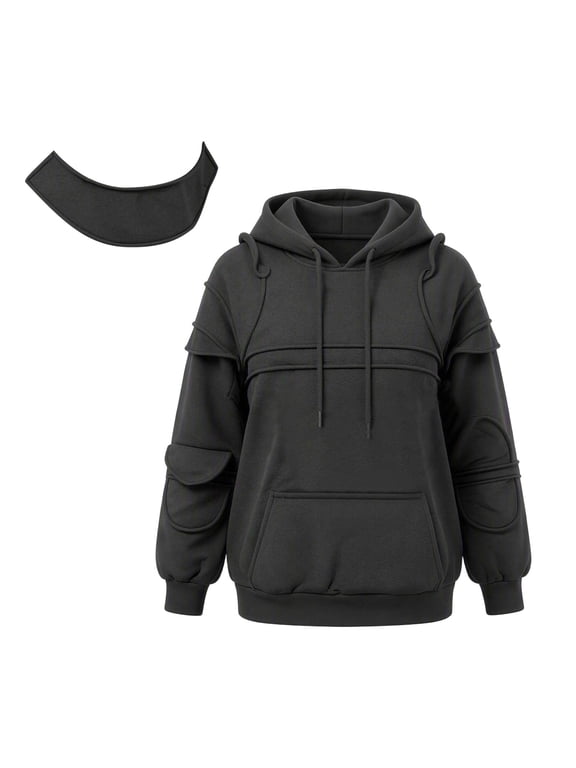 Men's Knight Hoodie Medieval Armor Sweatshirt Retro Mask Elbow Protection Drawstring Hood Pullover Coat with Pocket,Fleece Lined,Vintage Trendy Streetwear,Solid Casual Outwear,Cotton Blend Fabric