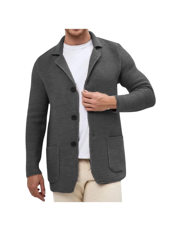 Men’s Knit Blazer Cardigan Button Down Casual Sweater Jacket with Lapel Collar Long Sleeve Soft Knitwear