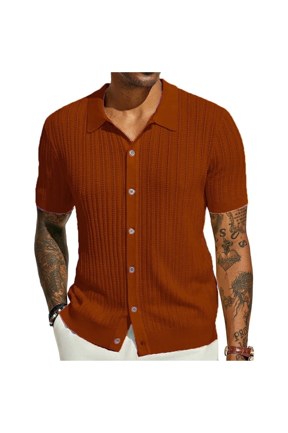 Men's Knit Button Down Polo Shirts Short Sleeve Textured Casual Tops Vacation Summer Beach Breathable Tee Shirts