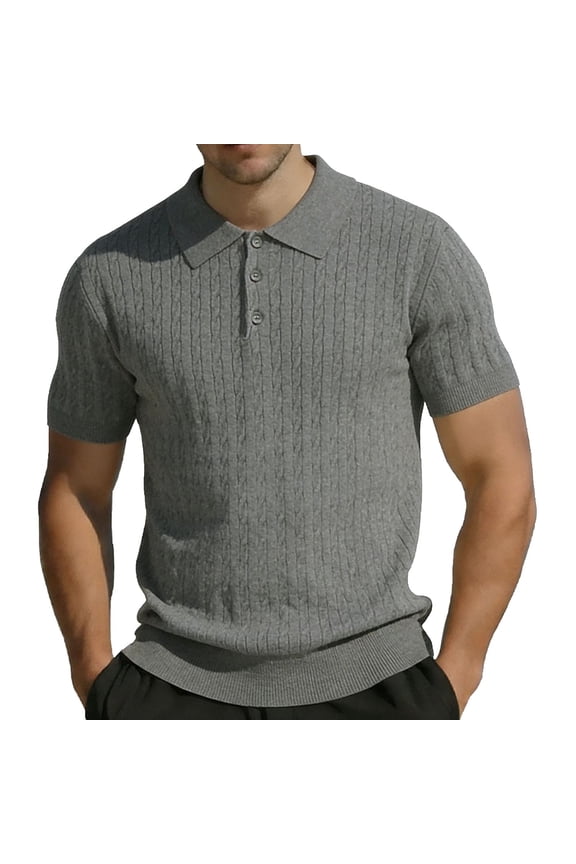 Men's Knit Cable Knit Textured Short Sleeve Collared Polo Shirt, Casual Slim Fit Top, Breathable Knitwear for Smart Casual Style and Everyday Wear Gray XXL