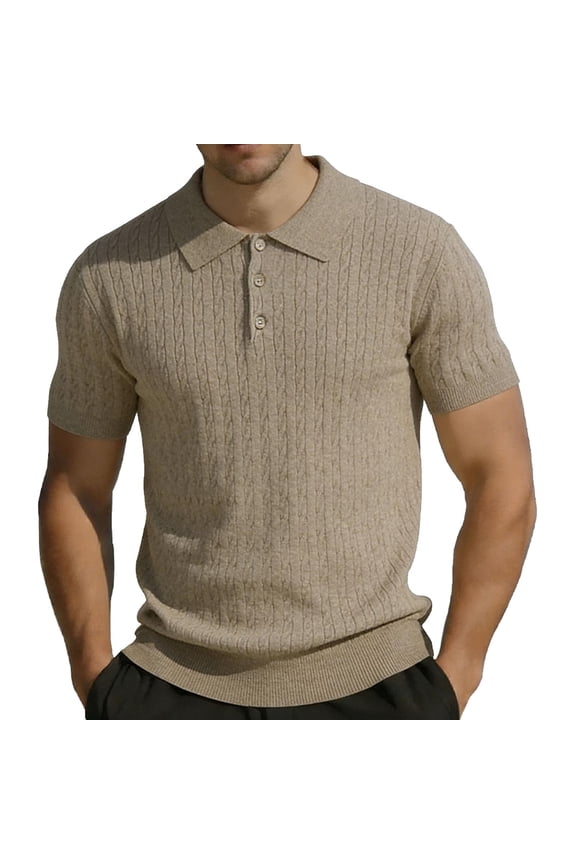 Men's Knit Cable Knit Textured Short Sleeve Collared Polo Shirt, Casual Slim Fit Top, Breathable Knitwear for Smart Casual Style and Everyday Wear Khaki S