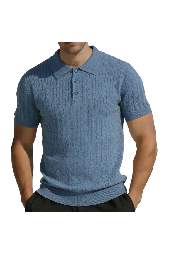 Men's Knit Cable Knit Textured Short Sleeve Collared Polo Shirt, Casual Slim Fit Top, Breathable Knitwear for Smart Casual Style and Everyday Wear Sky Blue XL