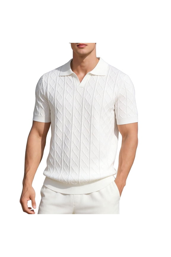 Men's Knit Cable Knit Textured Short Sleeve Collared Polo Shirt, Casual Slim Fit Top, Breathable Knitwear for Smart Casual Style and Everyday Wear White b XXL