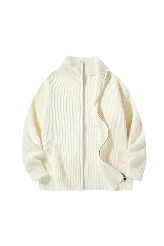 Men's Knit Cardigan Long Sleeve Stand Collar Long Sleeve Full Zip Jackets Casual Lightweight Ribbing Sweater Outwear (M, Beige)