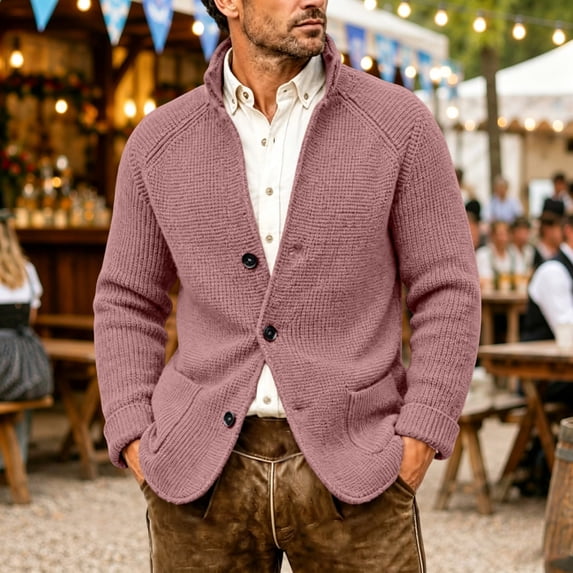 Men's Knit Cardigan Sweater Long Sleeve Casual Button Up Collared Top with Front Pockets Ribbed Cuffs and Hem Soft Chunky Knit Solid Color Warm Fall Winter Outerwear Everyday Wear Basic Pink S