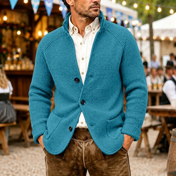 Men's Knit Cardigan Sweater Long Sleeve Casual Button Up Collared Top with Front Pockets Ribbed Cuffs and Hem Soft Chunky Knit Solid Color Warm Fall Winter Outerwear Everyday Wear Basic Sky Blue XXXL