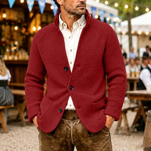 Men's Knit Cardigan Sweater Long Sleeve Casual Button Up Collared Top with Front Pockets Ribbed Cuffs and Hem Soft Chunky Knit Solid Color Warm Fall Winter Outerwear Everyday Wear Basic Wine XL