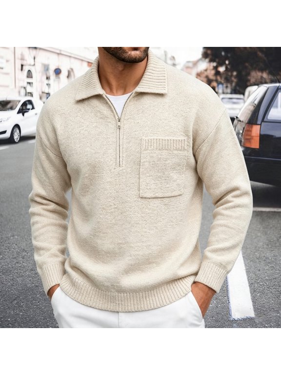 Men's Knit Coat with Shawl Collar Versatile Casual Outerwear for Spring Autumn Winter Long Sleeve Sweater Jacket with Front Pockets, Beige, XXL