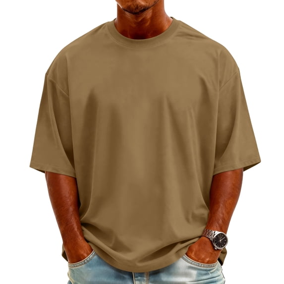 Men's Knit Crew Neck Short-Sleeve T-Shirt Stylish Casual Pullover Multi-Scene Use For Daily & Weekend All-Season Basic Tops,Coffee,L