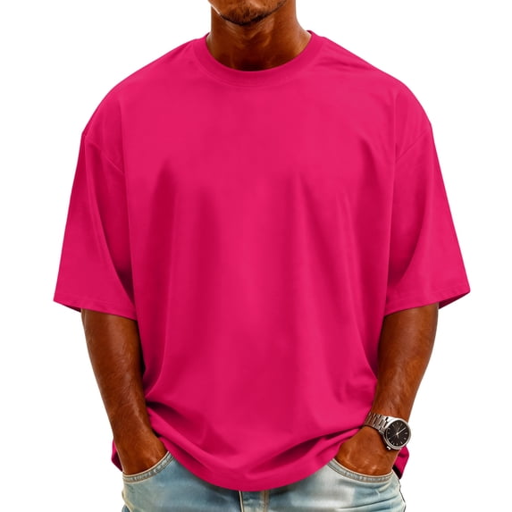 Men's Knit Crew Neck Short-Sleeve T-Shirt Stylish Casual Pullover Multi-Scene Use For Daily & Weekend All-Season Basic Tops,Hot Pink,XXXL