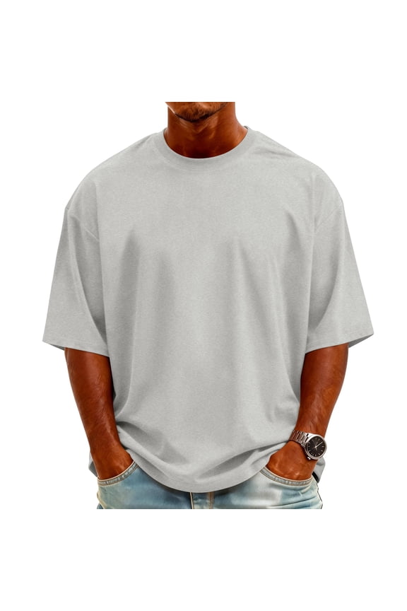Men's Knit Crew Neck Short-Sleeve T-Shirt Stylish Casual Pullover Multi-Scene Use For Daily & Weekend All-Season Basic Tops,Light Gray,L