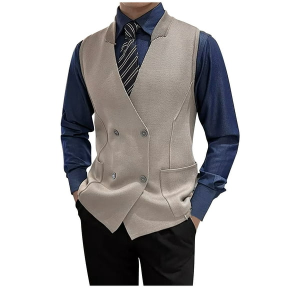 Men's Knit Double-Breasted Waistcoat - Elegant V Neck Sleeveless Business Suit Vest with Pockets