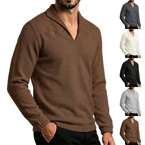 Men's Knit Golf Sweater Long Sleeve V-Neck Pullover Sweaters Casual Shawl Collar Ribbed Knitted Shirts