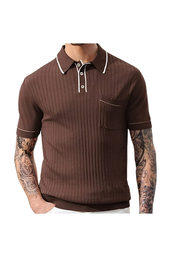 Men's Knit Golf T-Shirt Short Sleeve Vintage Preppy Style Button Up Tennis Shirts Summer Casual Sweater Tops