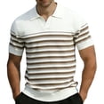thumbnail image 1 of Men's Knit Horizontal Striped Short Sleeve Open V-Neck Collared Polo Shirt, Casual Slim Fit Top, Breathable Knitwear for Smart Casual Style and Everyday Wear Beige S, 1 of 5
