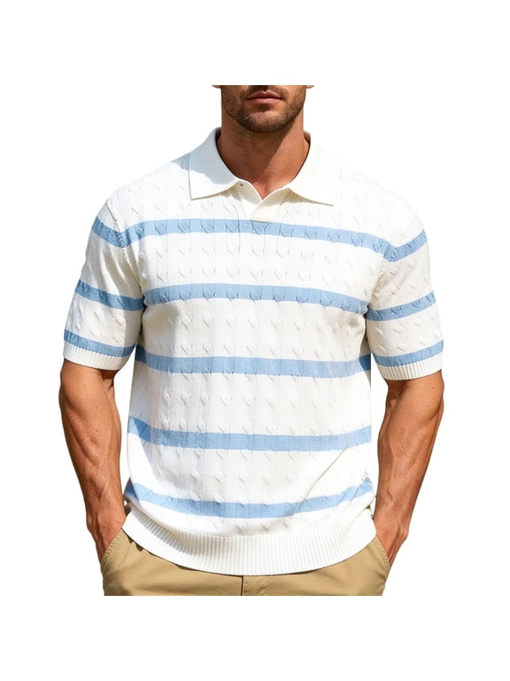 Men's Knit Horizontal Striped Short Sleeve Open V-Neck Collared Polo Shirt, Casual Slim Fit Top, Breathable Knitwear for Smart Casual Style and Everyday Wear White b M