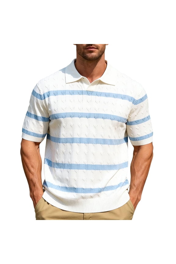 Men's Knit Horizontal Striped Short Sleeve Open V-Neck Collared Polo Shirt, Casual Slim Fit Top, Breathable Knitwear for Smart Casual Style and Everyday Wear White b XXL