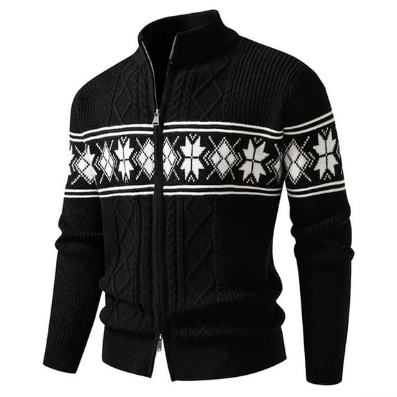 Men's Knit Jackets Double Zip Up Stand Up Long Sleeve Jacquard Cardigan Fall Winter Casual Stretchy Sweater Coat (XXL, Black)
