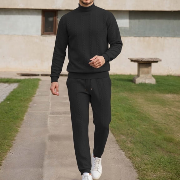 Men's Knit Neck Sweater and Pants 2Pcs Set (Black XXL)