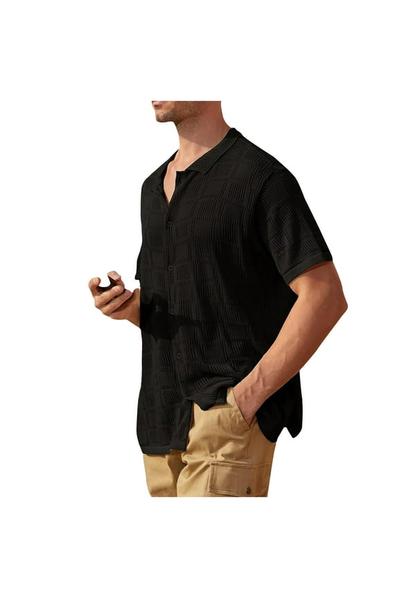 Men's Knit Polo Shirt Short Sleeve Textured Polo Shirt Slim Fit Summer Lapel T-Shirt with Pockets