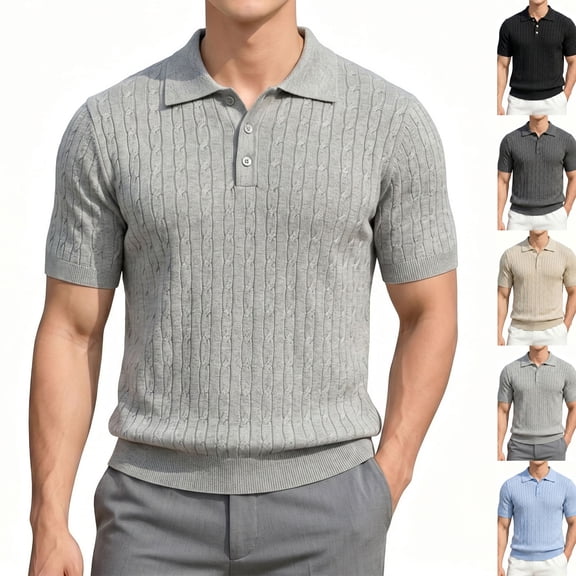 Men's Knit Polo Shirts Short Sleeve Textured Stretchy Tops Old Money Style Casual Vintage Golf Shirts ,M,Light Gray