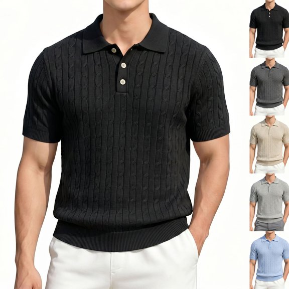 Men's Knit Polo Shirts Short Sleeve Textured Stretchy Tops Old Money Style Casual Vintage Golf Shirts ,XXL,Black