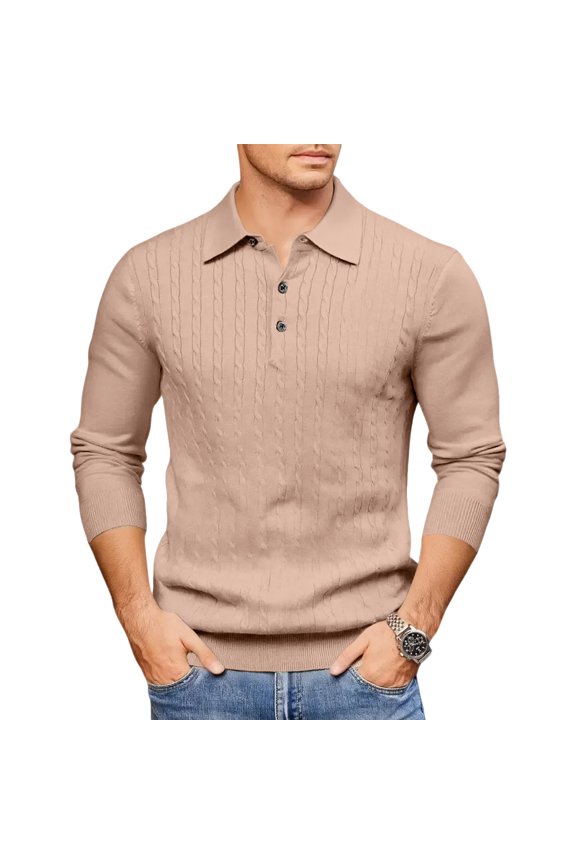 Men's Knit Polo Sweater Long Sleeve Button Collar Pullover Casual Top