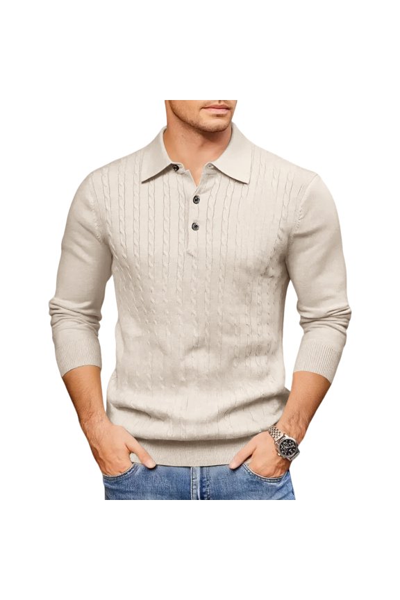 Men's Knit Polo Sweater Long Sleeve Button Collar Pullover Casual Top