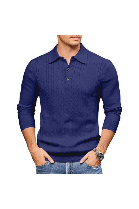 Men's Knit Polo Sweater Long Sleeve Button Collar Pullover Casual Top