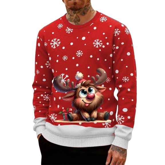 Men's Knit Pullover Christmas Sweater Casual Long Sleeve Stand Collar Button Knitted Sweaters,Red,L