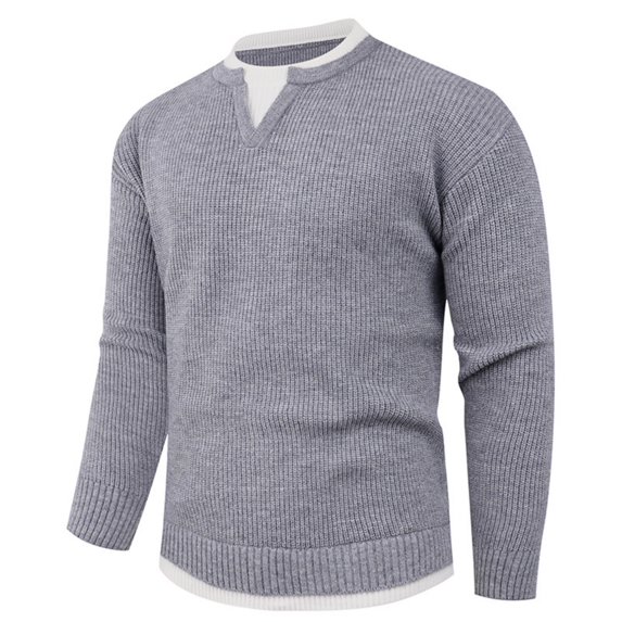 Men's Knit Pullover Sweater Notch Neck Long Sleeve Casual Ribbed Top