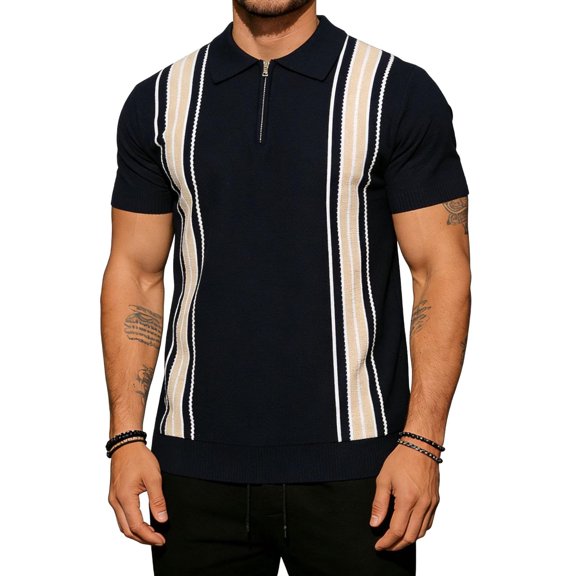 Men's Knit Quarter-Zip Polo Shirt, Short Sleeve Vertical Stripe Casual Top, Breathable Textured Knitwear for Smart Casual Style, Everyday Wear & Outings Black L