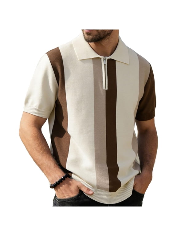 Men's Knit Quarter-Zip Polo Shirt, Short Sleeve Vertical Stripe Casual Top, Breathable Textured Knitwear for Smart Casual Style, Everyday Wear & Outings Coffee L