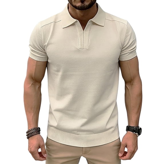 Men's Knit Ribbed Short Sleeve Open V-Neck Collared Polo Shirt, Casual Slim Fit Top, Breathable Textured Knitwear for Smart Casual Style and Everyday Wear Beige S
