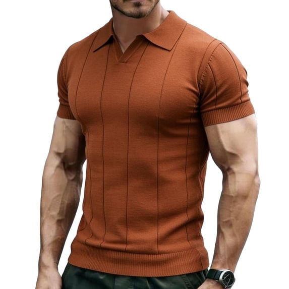 Men's Knit Ribbed Short Sleeve Open V-Neck Collared Polo Shirt, Casual Slim Fit Top, Breathable Textured Knitwear for Smart Casual Style and Everyday Wear Orange M