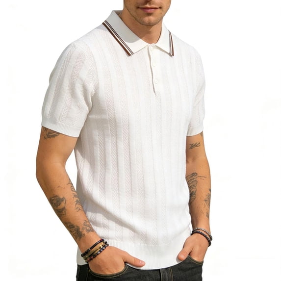 Men's Knit Ribbed Short Sleeve Open V-Neck Collared Polo Shirt, Casual Slim Fit Top, Breathable Textured Knitwear for Smart Casual Style and Everyday Wear White a XL